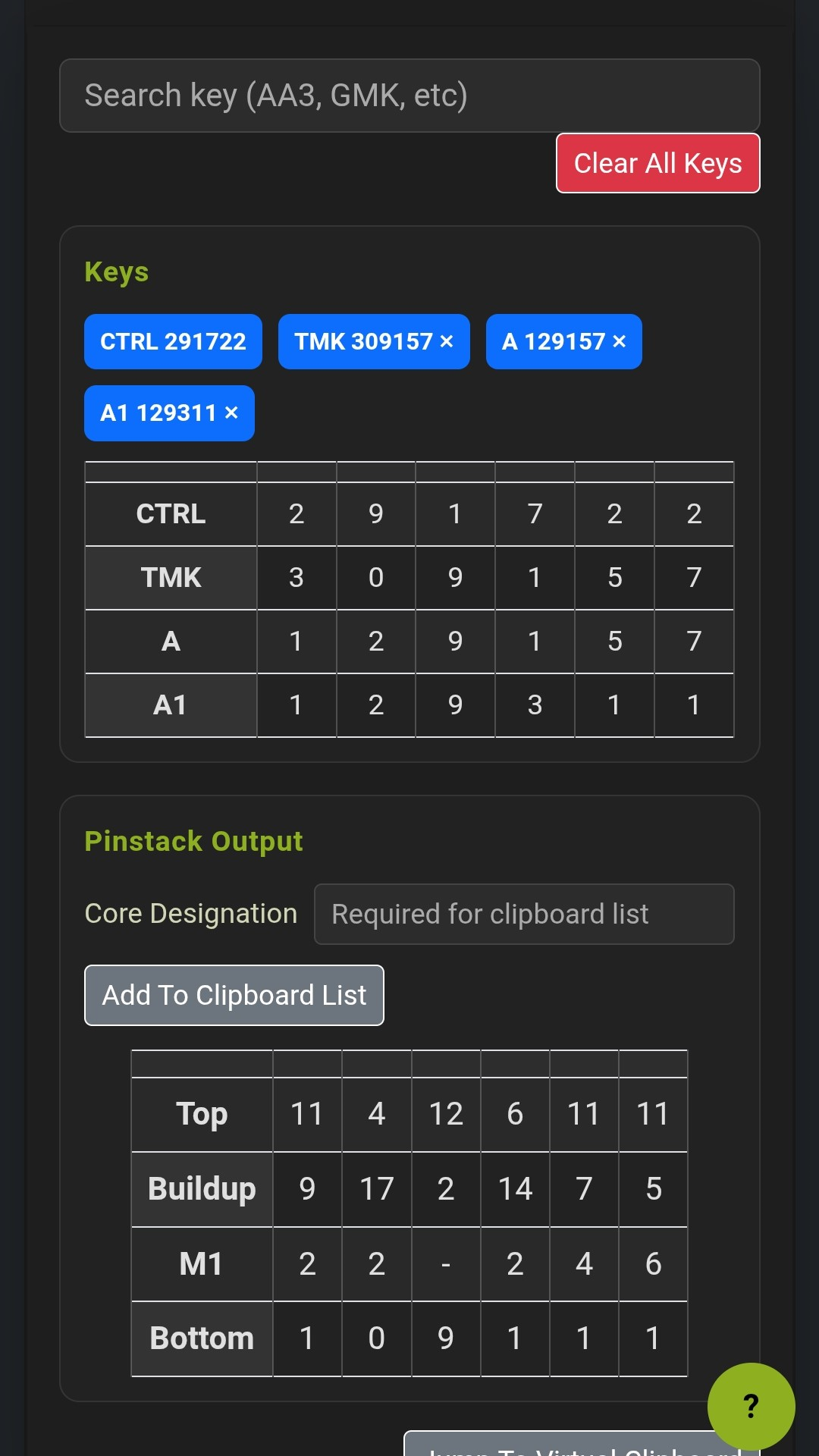 Mobile screenshot of the standalone pinstack calculator with selected keys and generated pin stack output.